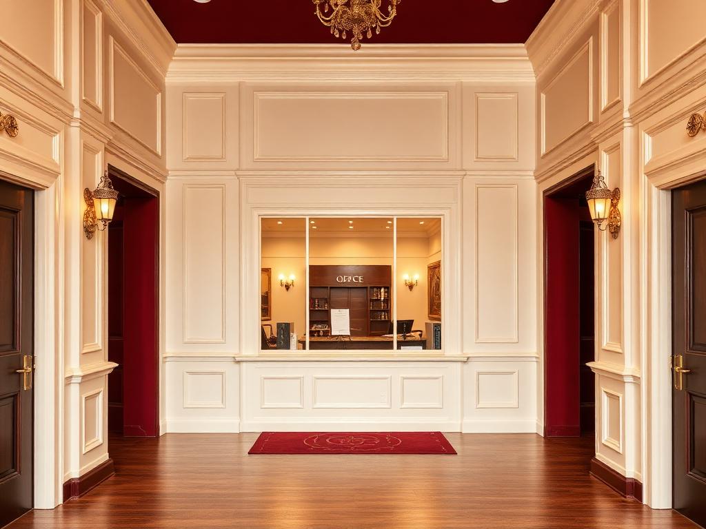 Warm lobby and box office window at the Forest Park Concert Hall entrance